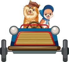 personaje de dibujos animados de perro divertido conduciendo coche sobre fondo blanco vector