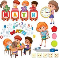 Math classroom objects with supplies and students vector