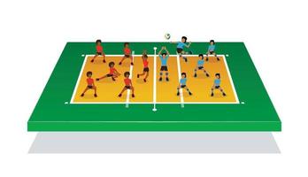 Isometric illustration for people playing volleyball on 3d volleyball field