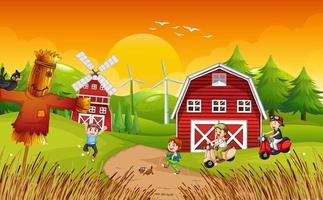 Happy kids in farm landscape vector