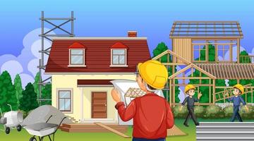 Building construction site with workers vector