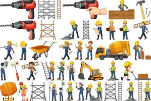 Construction worker set with man and tools vector