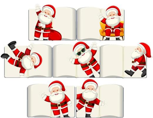 Set of different opened blank books with Santa Claus