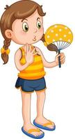 Cute girl in yellow outfits holding hand fan vector