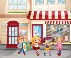 City scene with kids playing instruments vector