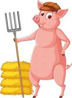 Farmer pig holding rake with haystack vector