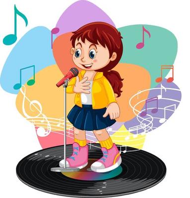 Singer girl cartoon character with melody symbols