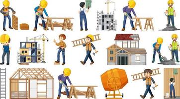 Set of construction site objects and workers vector