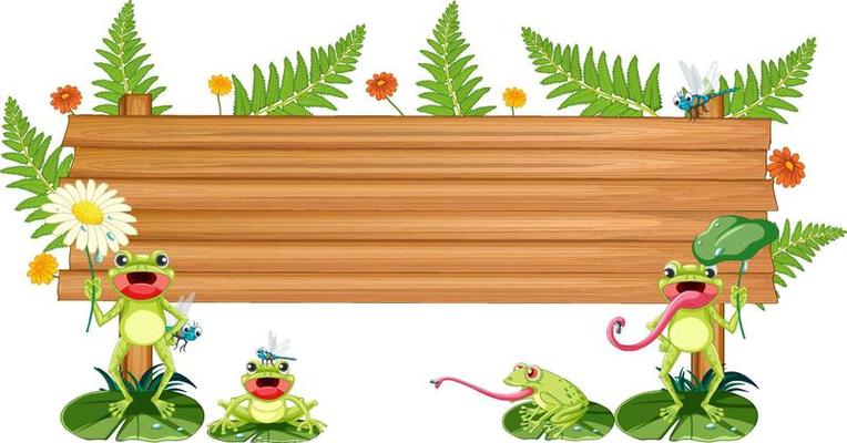 Blank wooden signboard with frog in cartoon style