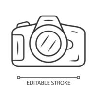 Photo camera linear icon. Professional photocamera. Making snapshots, taking pictures device. Thin line illustration. Contour symbol. Vector isolated outline drawing. Editable stroke