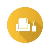 Lobby bar yellow flat design long shadow glyph icon. Room service, hotel amenities. Comfortable rest place with soft armchair and cocktails. Relax zone. Vector silhouette illustration