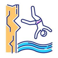 Cliff diving color icon. Watersports, extreme and dangerous kind of sport. Recreational outdoor activity on big height. Risky and adventurous summer leisure. Isolated vector illustration