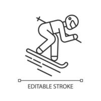 Skiing linear icon. Winter extreme sport, risky activity and adventure. Thin line illustration. Contour symbol. Vector isolated outline drawing. Skier downhill freestyle ride. Editable stroke