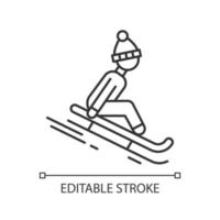 Sledding linear icon. Thin line illustration. Winter extreme sport, risky activity and adventure. Sleigh riding. Cold season leisure. Contour symbol. Vector isolated outline drawing. Editable stroke