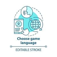 Choose game language concept icon. Select quest translation idea thin line illustration. Multilingual communication. Different linguistic features. Vector isolated outline drawing. Editable stroke.