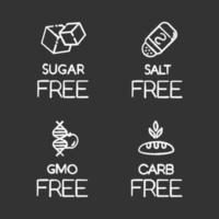 Product free ingredient chalk icons set. No sugar, salt, gmo, carbs. Organic food. Non-seasoned, unsweetened meals. Dietary without allergens and sweeteners. Isolated vector chalkboard illustrations