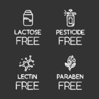 Product free ingredient chalk icons set. No lactose, pesticide, lectin, paraben. Organic food. Non-chemical pharmaceuticals. Dietary without allergens. Isolated vector chalkboard illustrations