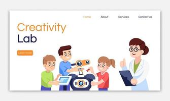 Creativity lab landing page vector template. Kids robotics club website interface idea with flat illustrations. Engineering for children homepage layout. Web banner, webpage cartoon concept
