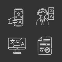 Translation chalk icons set. Human interpretation, apostilles and document legalization. Online dictionary mobile application. Instant translator desktop app. Isolated vector chalkboard illustrations