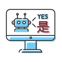 Language translation service color icons. Multilingual chatbot. Desktop instant online machine translator. Artificial intelligence. Automated interpretation. Isolated vector illustration