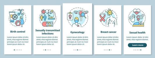 Women healthcare onboarding mobile app page screen with linear concepts. Birth control, breast cancer, sexual health. Walkthrough steps graphic instructions. UX, UI, GUI template with illustrations