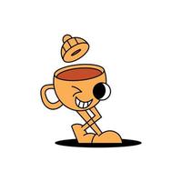 una taza de café de dibujos animados retro hace un descanso para tomar café. ilustración vectorial de la mascota del café, personaje. taza de café divertida.