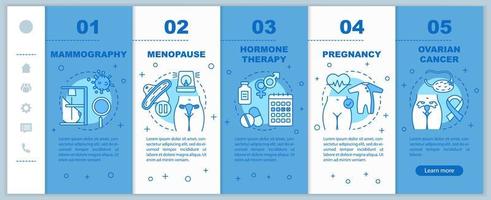 Women healthcare onboarding mobile web pages vector template. Pregnancy, ovarian cancer, menopause. Responsive smartphone website interface idea. Webpage walkthrough step screens. Color concept