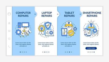 Types of services blue and white onboarding template. Repair and maintenance. Responsive mobile website with linear concept icons. Web page walkthrough 4 step screen vector