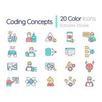 Coding RGB color icons set. Programmer specialist. Professional coding skills. Isolated vector illustrations. Simple filled line drawings collection. Editable stroke
