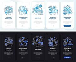Digital marketing night and day mode onboarding mobile app screen. Ads walkthrough 5 steps graphic instructions pages with linear concepts. UI, UX, GUI template. vector