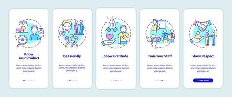 pantalla de aplicación móvil de incorporación de servicio al cliente. tutorial de asistencia al cliente 5 pasos páginas de instrucciones gráficas con conceptos lineales. interfaz de usuario, ux, plantilla de interfaz gráfica de usuario. vector