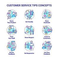 Customer service tips concept icons set. Marketing and commerce idea thin line color illustrations. Isolated outline drawings. Editable stroke. vector