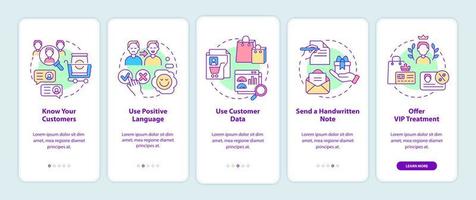 Customer assistance tips onboarding mobile app screen. Clients treatment walkthrough 5 steps graphic instructions pages with linear concepts. UI, UX, GUI template. vector