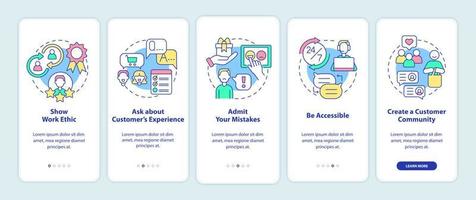 Customer service tips onboarding mobile app screen. Support ethic walkthrough 5 steps graphic instructions pages with linear concepts. UI, UX, GUI template. vector