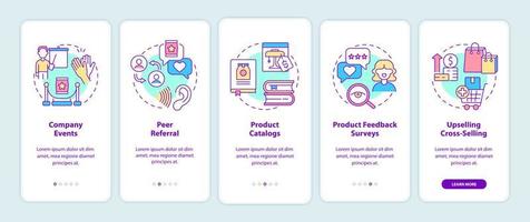 Customer touchpoints onboarding mobile app screen. Product promo walkthrough 5 steps graphic instructions pages with linear concepts. UI, UX, GUI template. vector