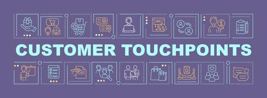 Customer touchpoints word concepts purple banner. Company and clients. Infographics with linear icons on background. Isolated typography. Vector color illustration with text.