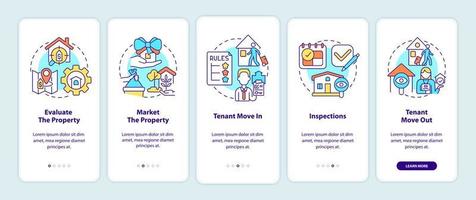 Property management operations onboarding mobile app screen. Business walkthrough 5 steps graphic instructions pages with linear concepts. UI, UX, GUI template. vector