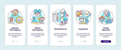 operaciones de administración de propiedades que incorporan la pantalla de la aplicación móvil. tutorial de negocios 5 pasos páginas de instrucciones gráficas con conceptos lineales. interfaz de usuario, ux, plantilla de interfaz gráfica de usuario. vector