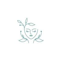 Beautiful woman's face logo design template. Hair, girl , leaf symbol. Abstract design concept for beauty salon, massage, magazine, cosmetic and spa. Premium vector icon.