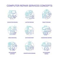 conjunto de iconos de concepto de gradiente azul del servicio de reparación de computadoras. resolución de problemas idea ilustraciones en color de línea delgada. dibujos de contorno aislados. trazo editable vector