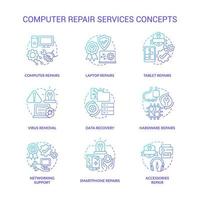 Computer repair service blue gradient concept icons set. Problem resolve idea thin line color illustrations. Isolated outline drawings. Editable stroke vector