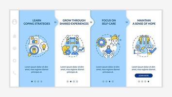 Support group advantages blue and white onboarding template. Coping strategies. Responsive mobile website with linear concept icons. Web page walkthrough 4 step screens vector