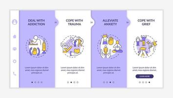 Problems to solve in group purple and white onboarding template. Alleviation. Responsive mobile website with linear concept icons. Web page walkthrough 4 step screens vector