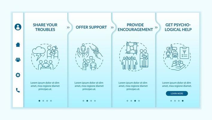 Therapeutic activities turquoise gradient onboarding template. Share troubles. Responsive mobile website with linear concept icons. Web page walkthrough 4 step screens