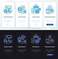 Types of services night and day mode onboarding mobile app screen. Walkthrough 4 steps graphic instructions pages with linear concepts. UI, UX, GUI template vector