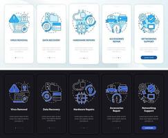 Types of repairs night and day mode onboarding mobile app screen. Walkthrough 5 steps graphic instructions pages with linear concepts. UI, UX, GUI template vector