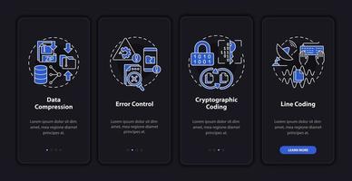 Types of coding night mode onboarding mobile app screen. Programmer walkthrough 5 steps graphic instructions pages with linear concepts. UI, UX, GUI template. vector