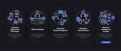 Jobs coders can get night mode onboarding mobile app screen. Worker walkthrough 5 steps graphic instructions pages with linear concepts. UI, UX, GUI template. vector