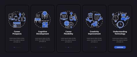 Why to learn to code night mode onboarding mobile app screen. Study walkthrough 5 steps graphic instructions pages with linear concepts. UI, UX, GUI template. vector