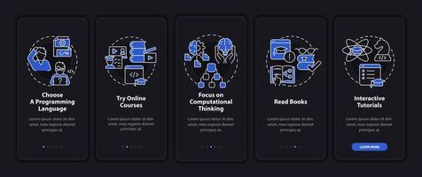 How to learn to code night mode onboarding mobile app screen. Class walkthrough 5 steps graphic instructions pages with linear concepts. UI, UX, GUI template. vector